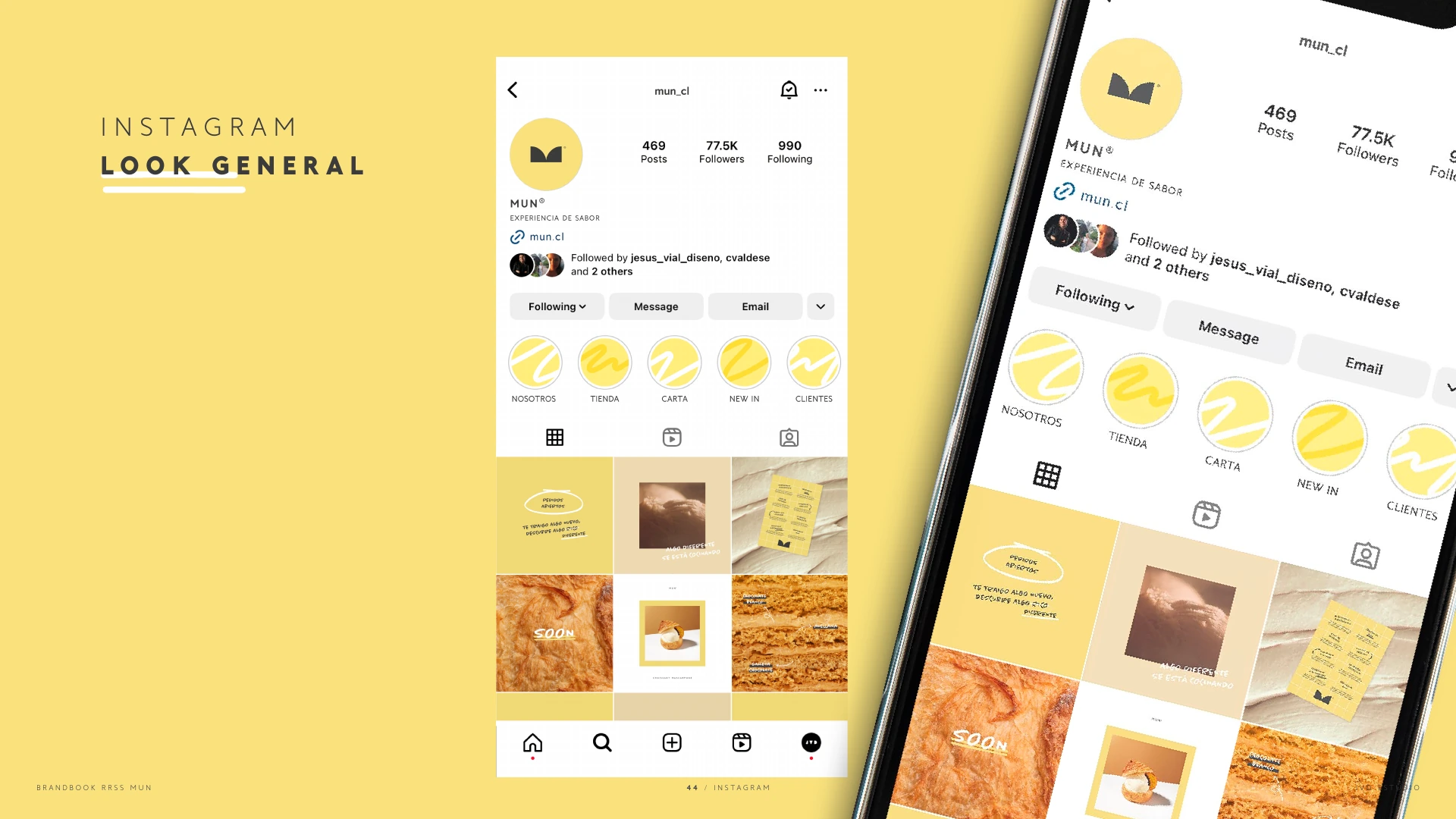 Aplicación del sistema visual MUN en un perfil y una grilla de Instagram.