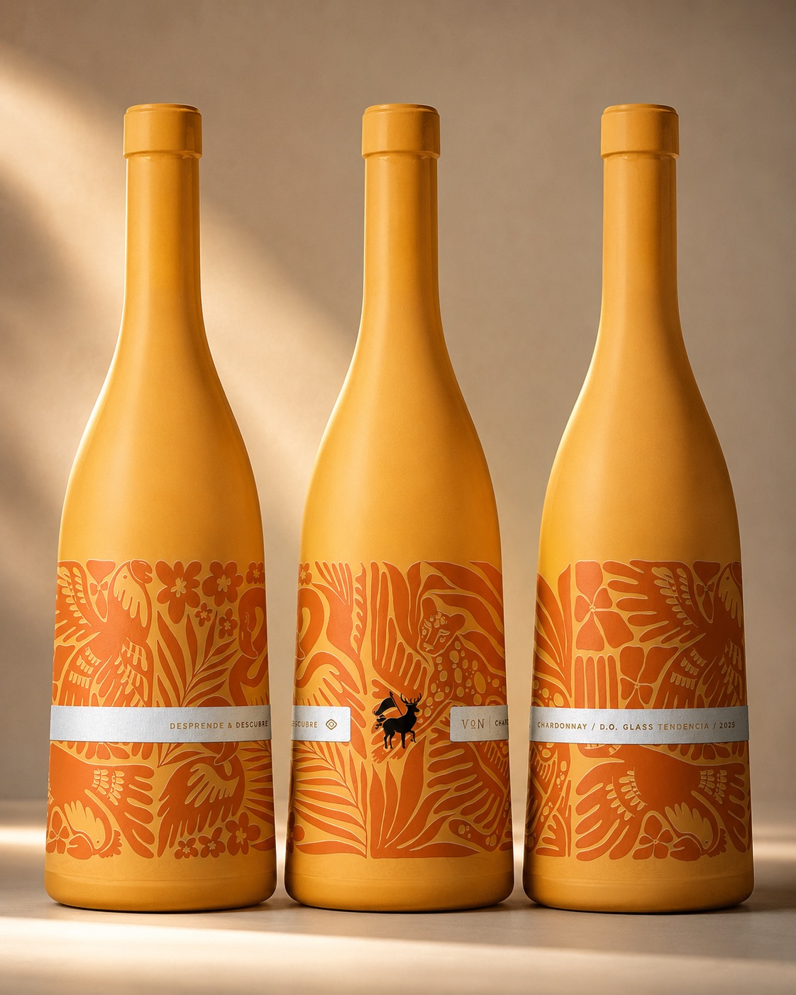 Serie de botellas VoN Chardonnay con etiqueta ilustrada en tonos naranjos