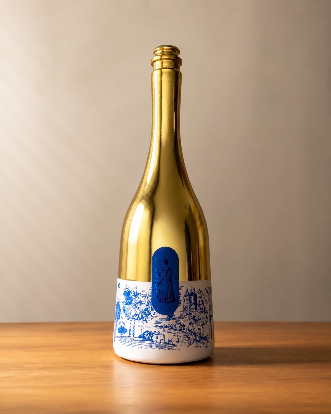 Botella Oh My Glass Sparkling en vidrio dorado con etiqueta ilustrada azul