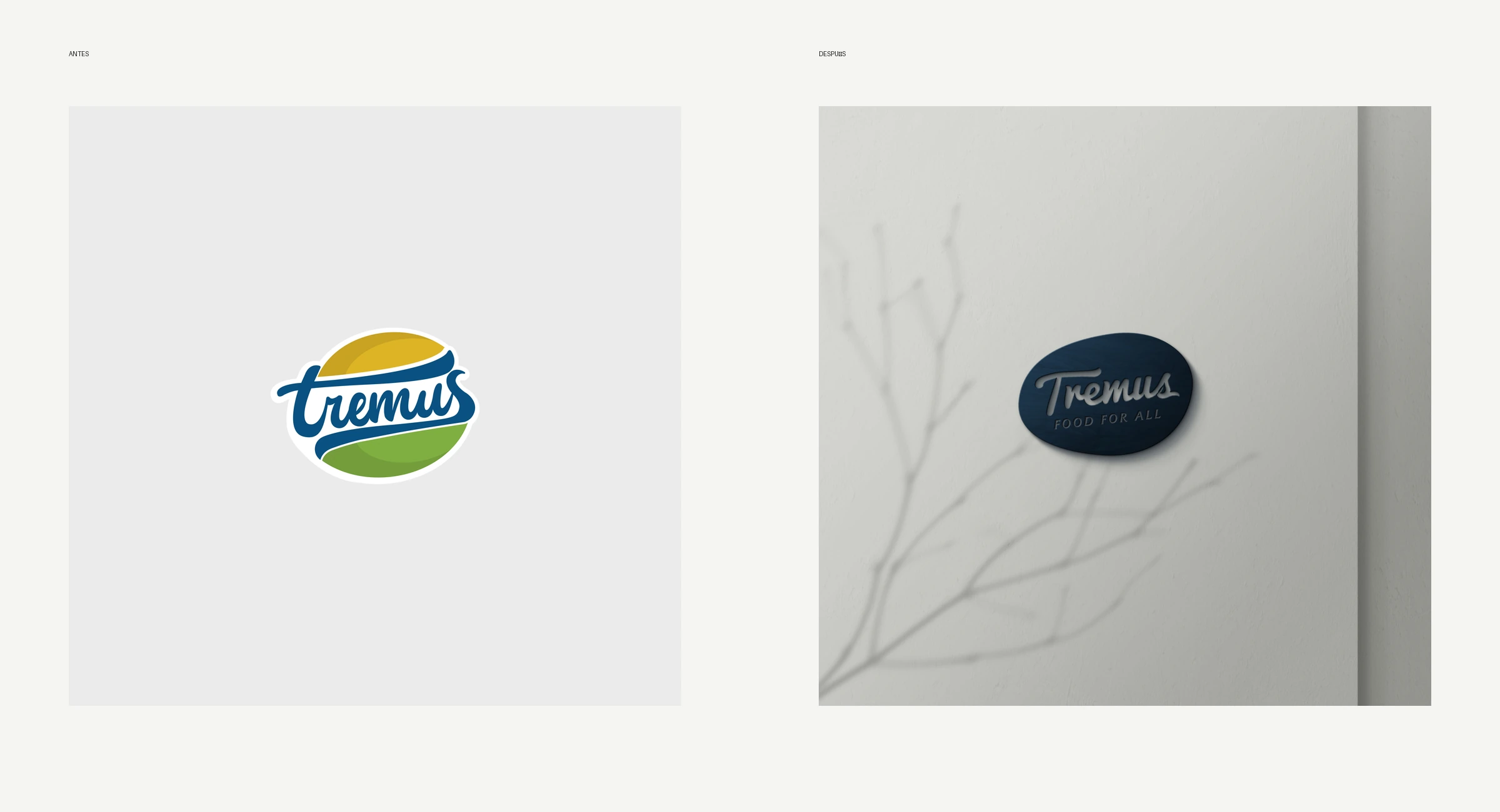 Comparación editorial entre el logotipo anterior y la identidad Tremus Food for All desarrollada por JVD.