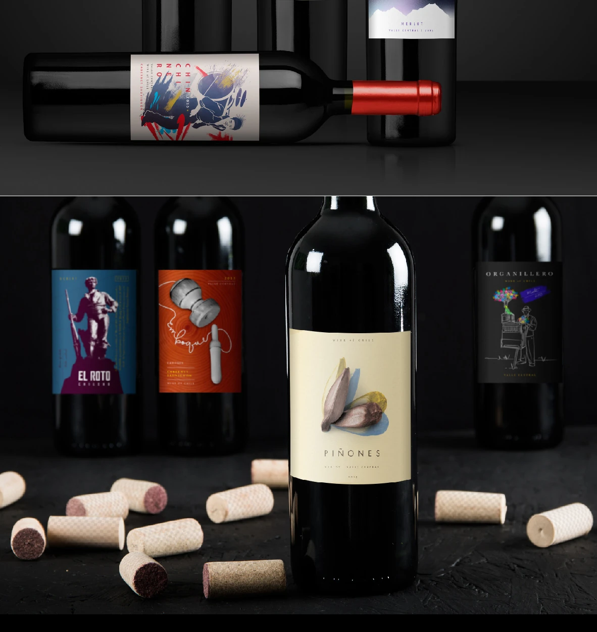 Botellas con etiquetas El Roto, referencias chilenas y una botella central de lenguaje naturalista.
