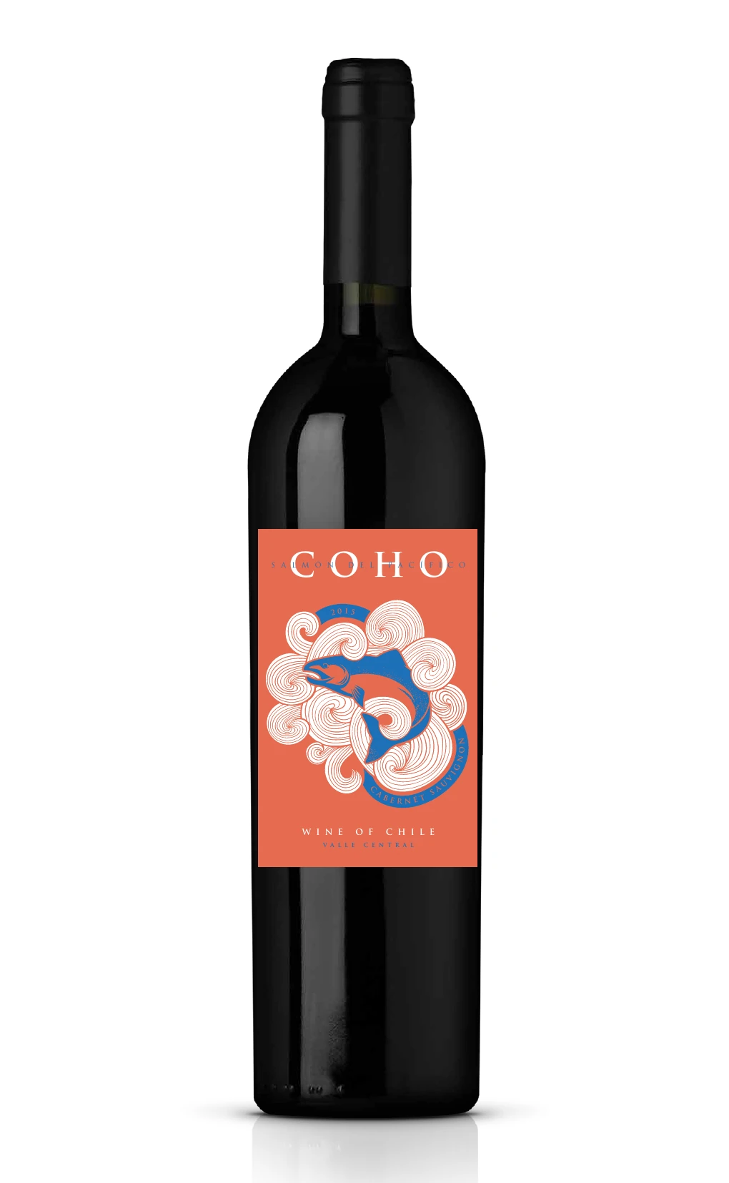 Botella con etiqueta Coho, inspirada en el salmón del Pacífico.