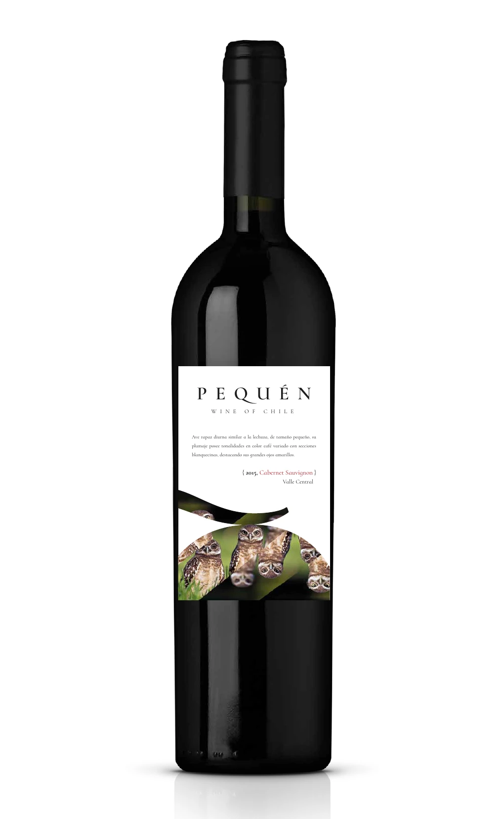 Botella con etiqueta Pequén y una secuencia de pequeñas lechuzas.
