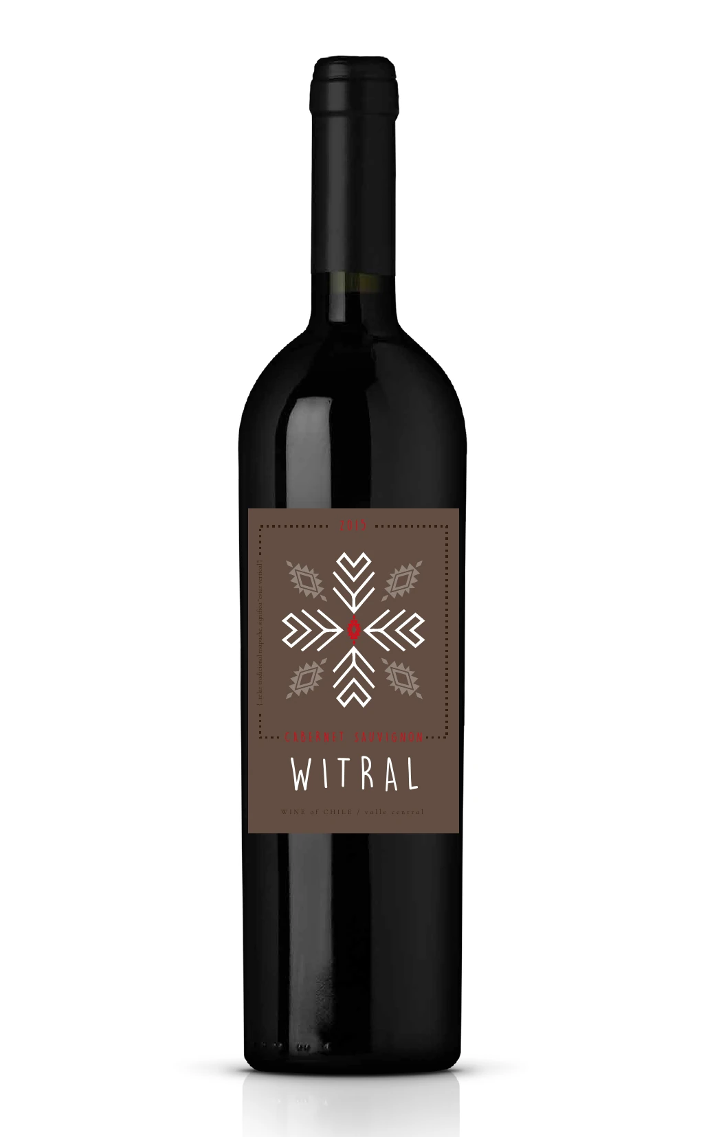 Botella con etiqueta Witral de composición geométrica marrón, blanca y roja.