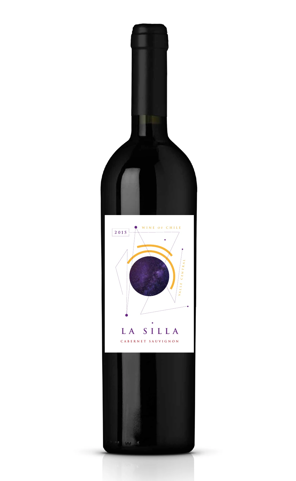 Botella con etiqueta La Silla y una gráfica circular inspirada en astronomía.