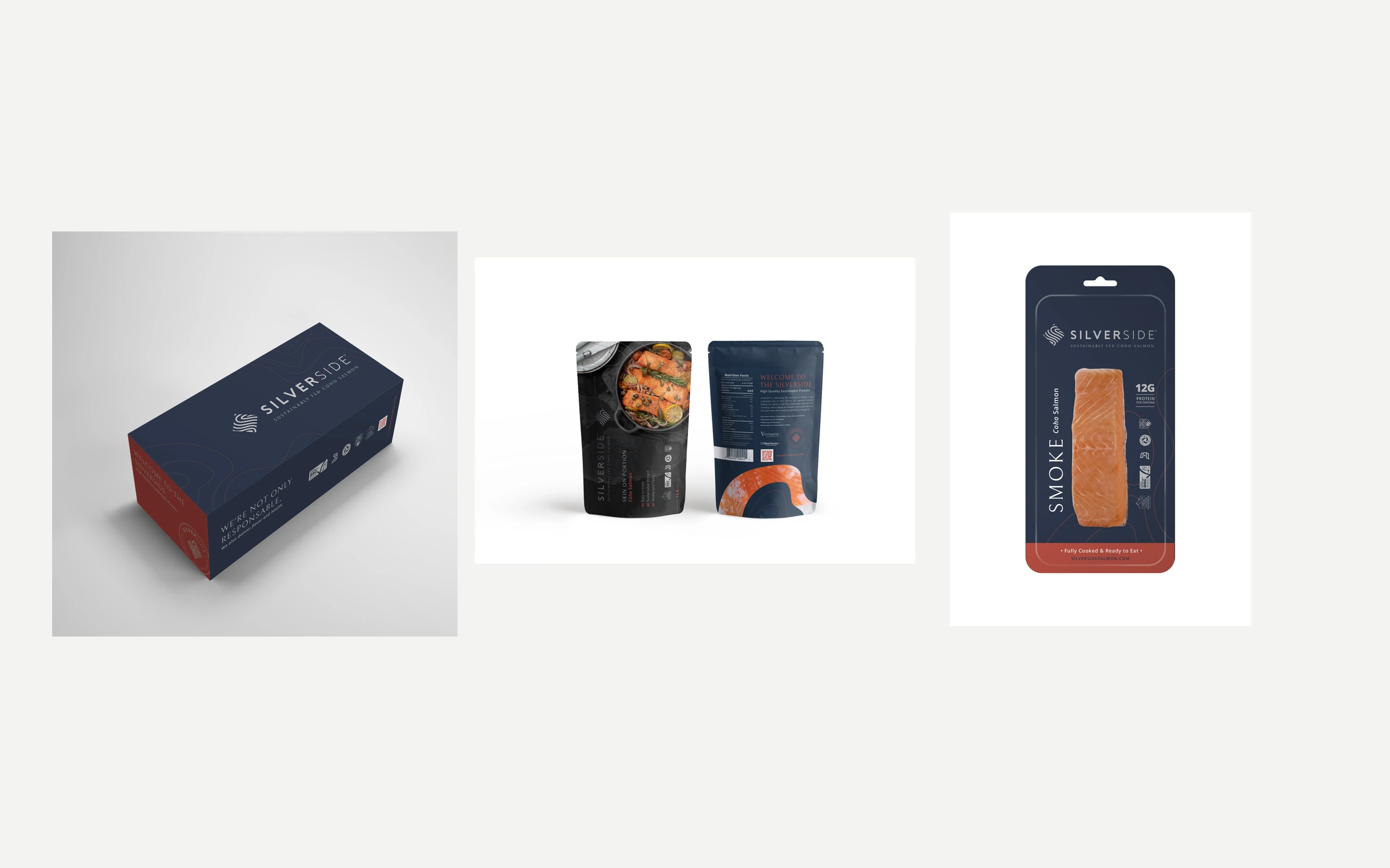 Sistema de packaging Silverside con caja, doypack y salmón ahumado.