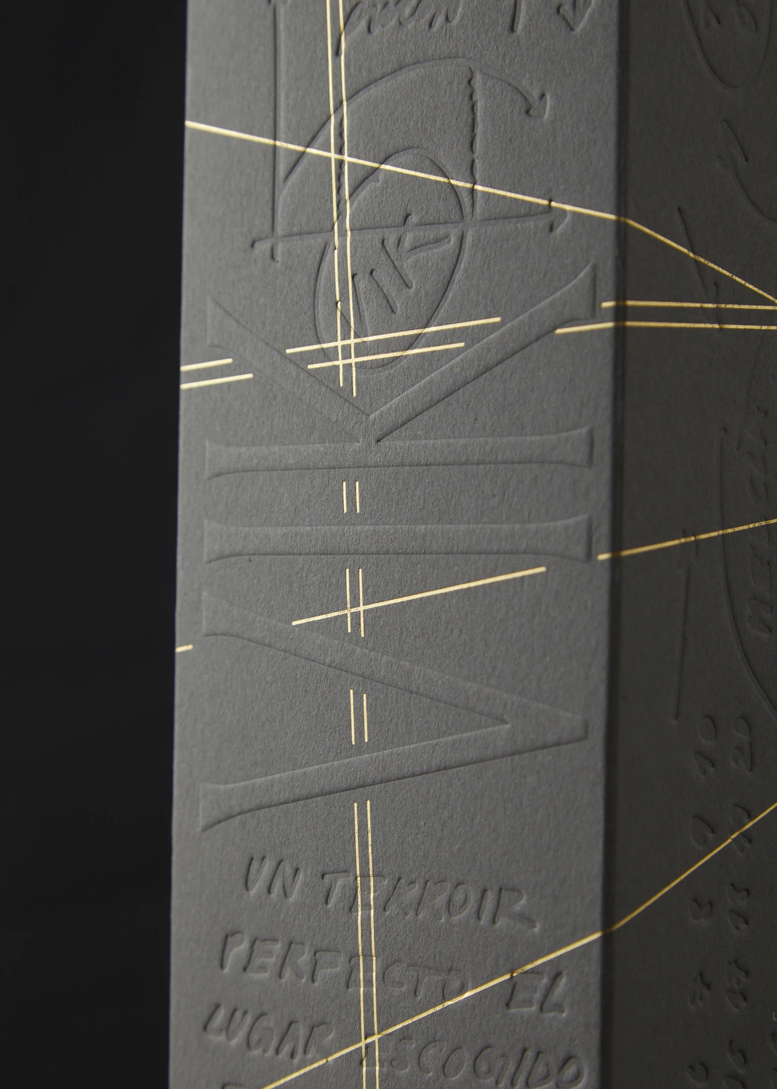 Detalle del estuche WineLab 2024: relieve seco sobre cartón gris y líneas de foil dorado.