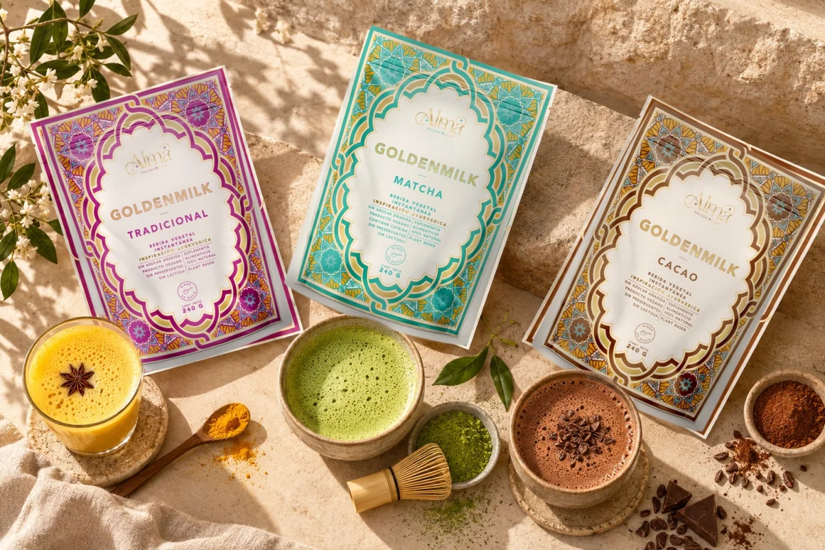 Doypacks Goldenmilk Tradicional, Matcha y Cacao de Alma Golden Food sobre piedra cálida, junto a sus bebidas preparadas.