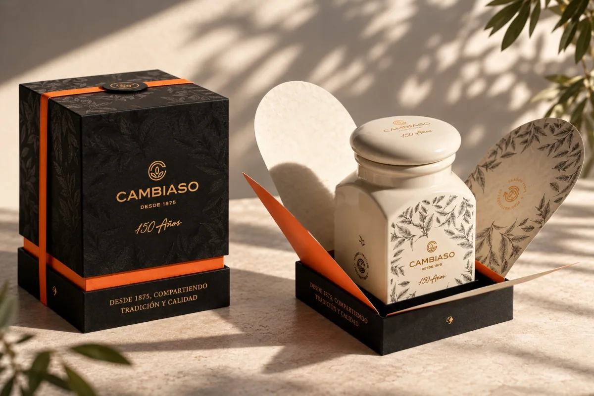 Estuche Cambiaso 150 años cerrado y abierto con el frasco cerámico, bajo luz cálida con sombras de hojas.