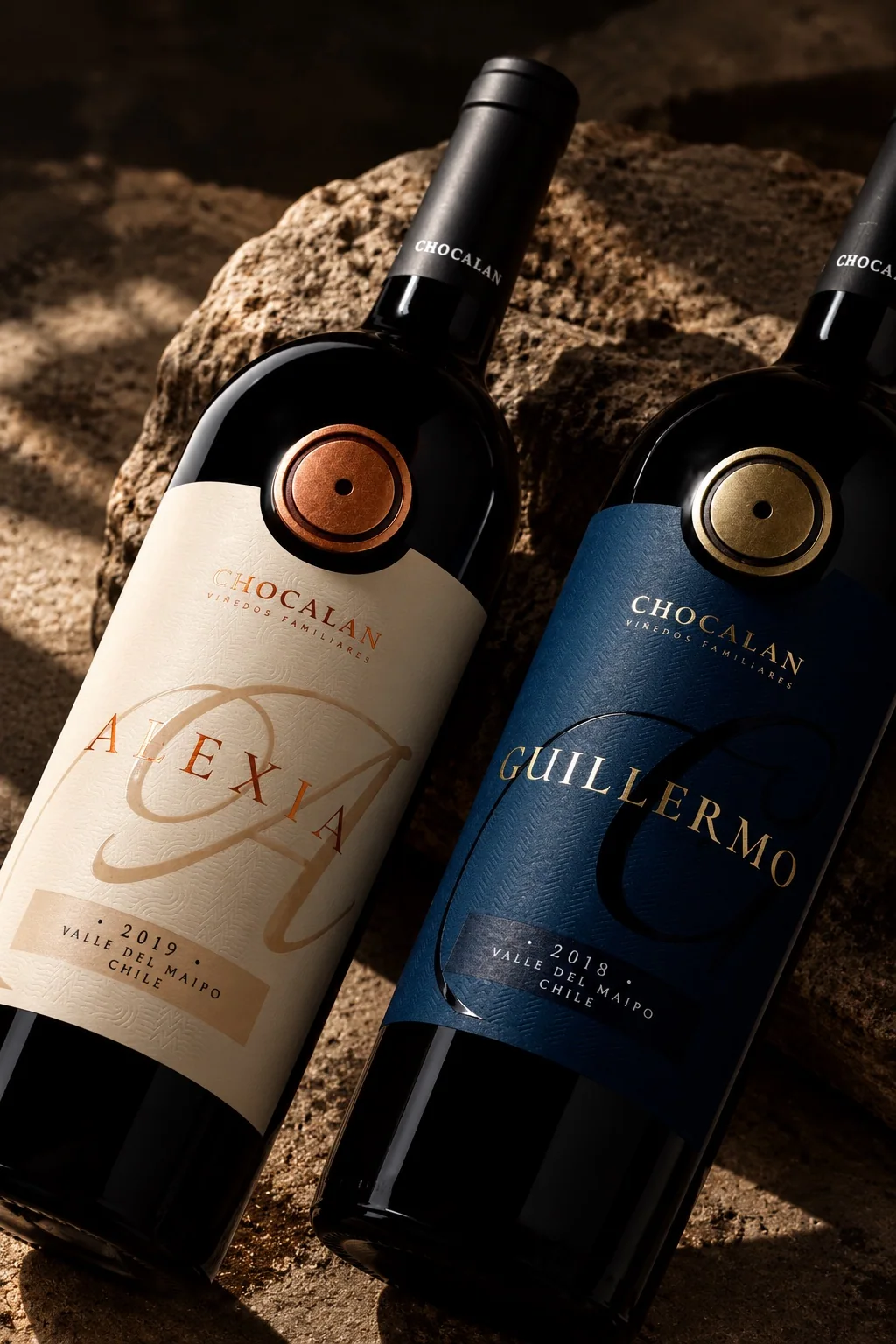 Botellas Alexia y Guillermo de Viña Chocalán apoyadas sobre piedra cálida, con etiquetas crema y azul de alta materialidad.