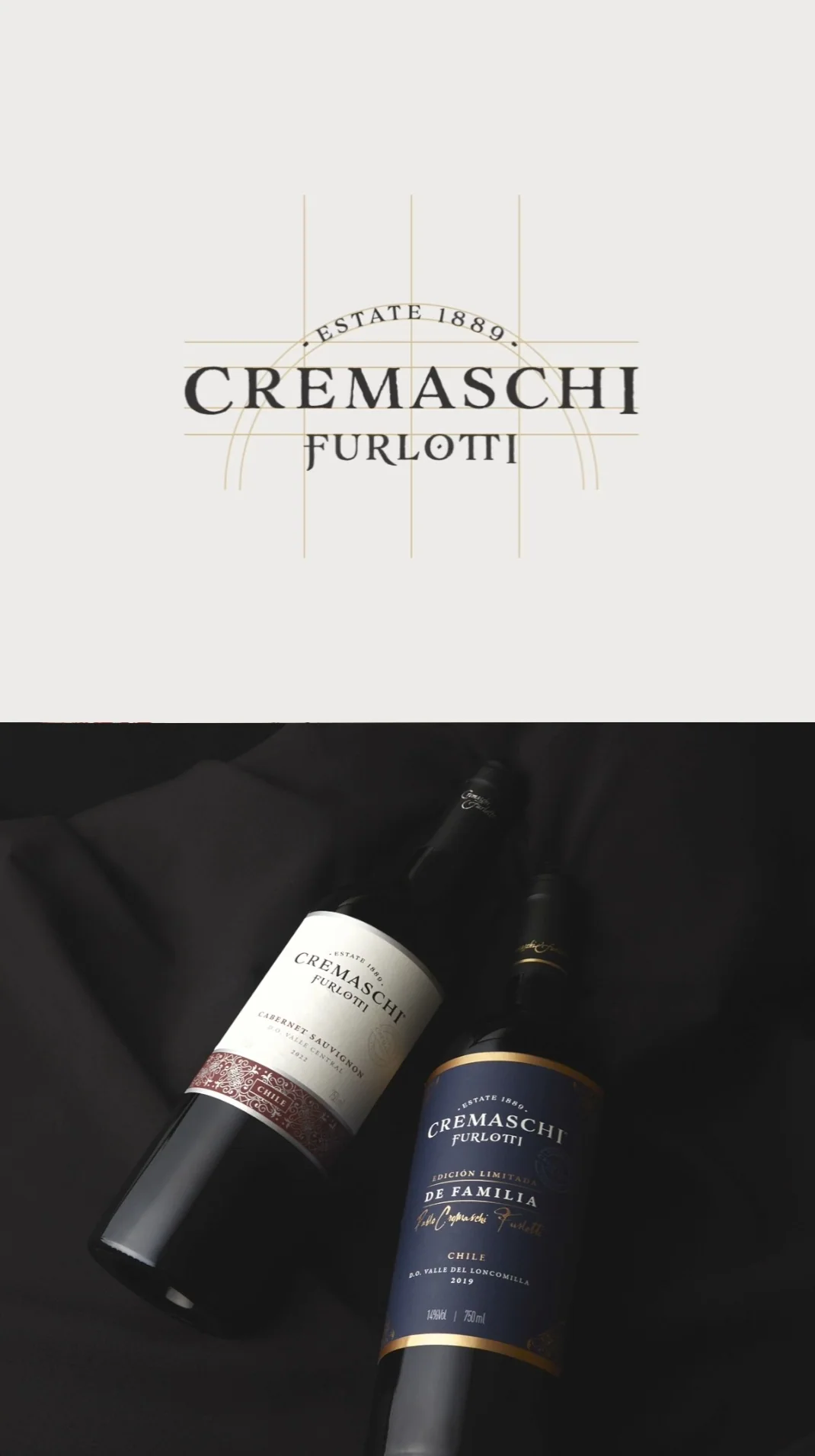 Composición de identidad Cremaschi Furlotti con construcción del logotipo y dos botellas sobre fondo negro.