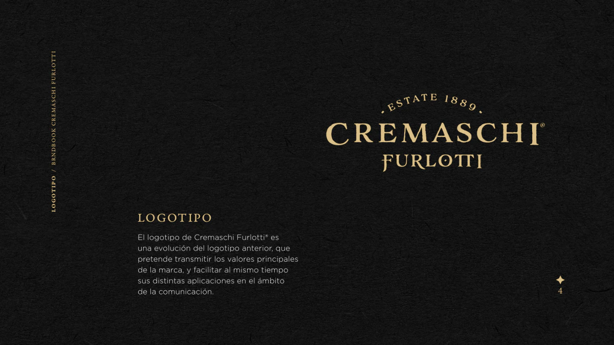 Página del brandbook con el logotipo final de Cremaschi Furlotti sobre fondo negro.
