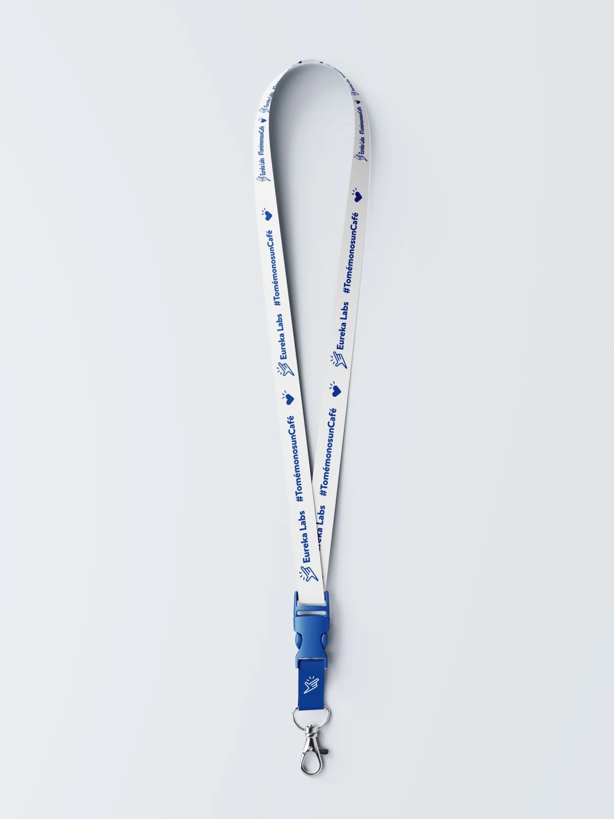 Lanyard blanco y azul de Eureka Labs con logotipo e ilustraciones