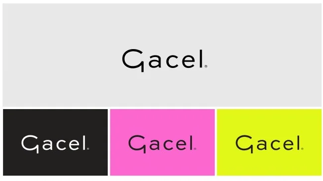 Sistema de logotipo Gacel sobre distintos fondos de color: gris, negro, rosado y lima.