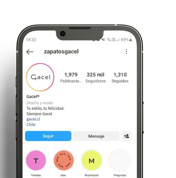 Cabecera de Instagram de Gacel con el sistema de marca aplicado a perfil, biografía e historias destacadas.