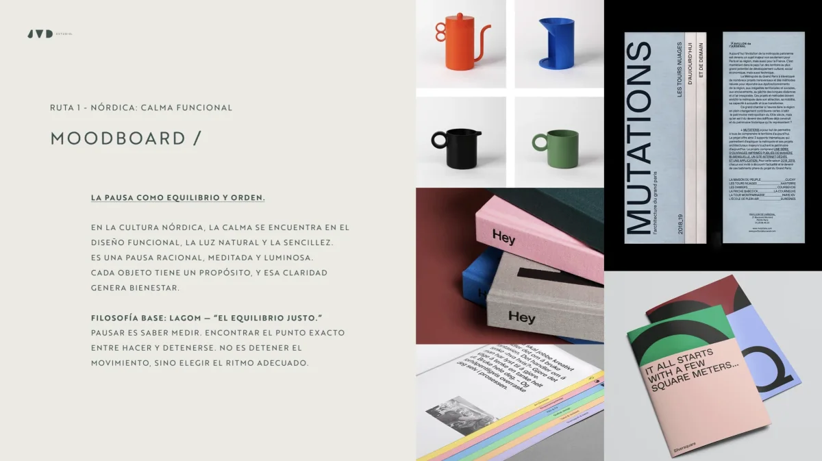 Moodboard conceptual de LŌM sobre calma funcional, diseño nórdico y filosofía lagom.