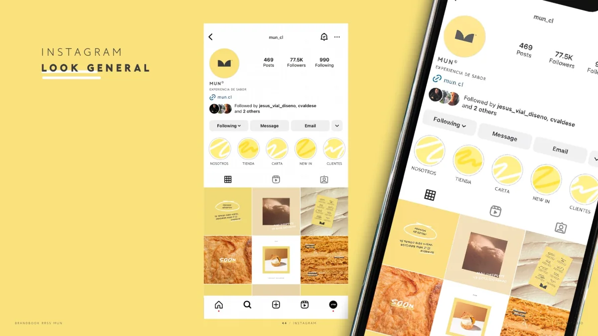 Aplicación del sistema visual MUN en un perfil y una grilla de Instagram.