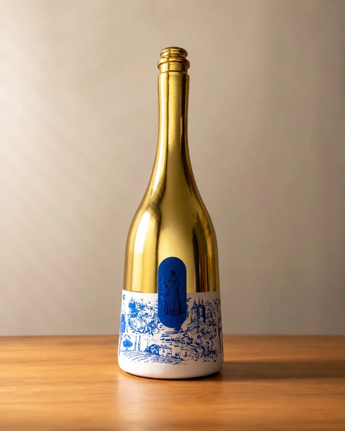 Botella Oh My Glass Sparkling en vidrio dorado con etiqueta ilustrada azul
