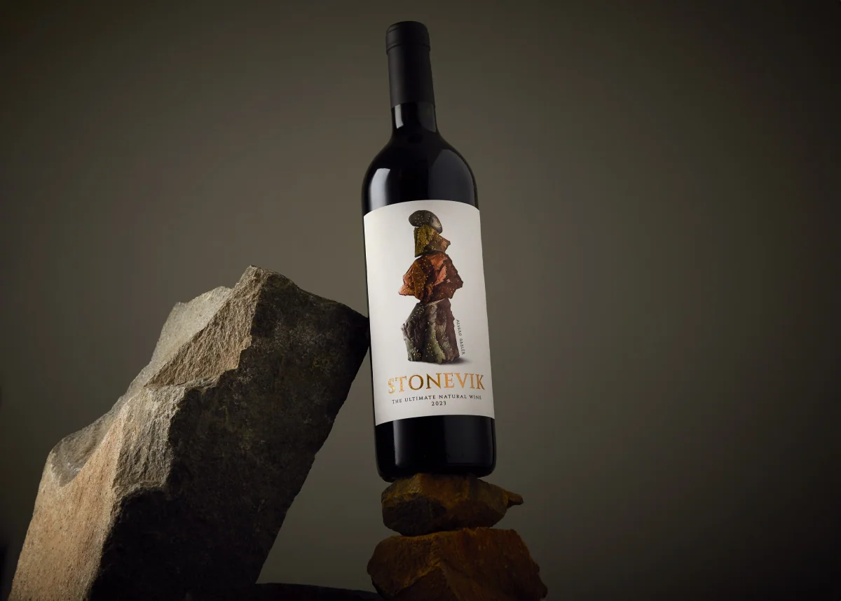 Botella de STONEVIK equilibrada sobre piedras minerales junto a un gran bloque de roca