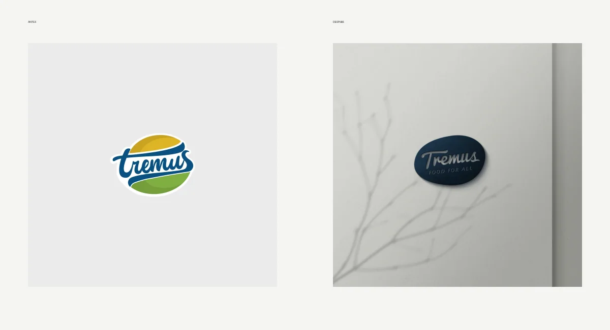 Comparación editorial entre el logotipo anterior y la identidad Tremus Food for All desarrollada por JVD.