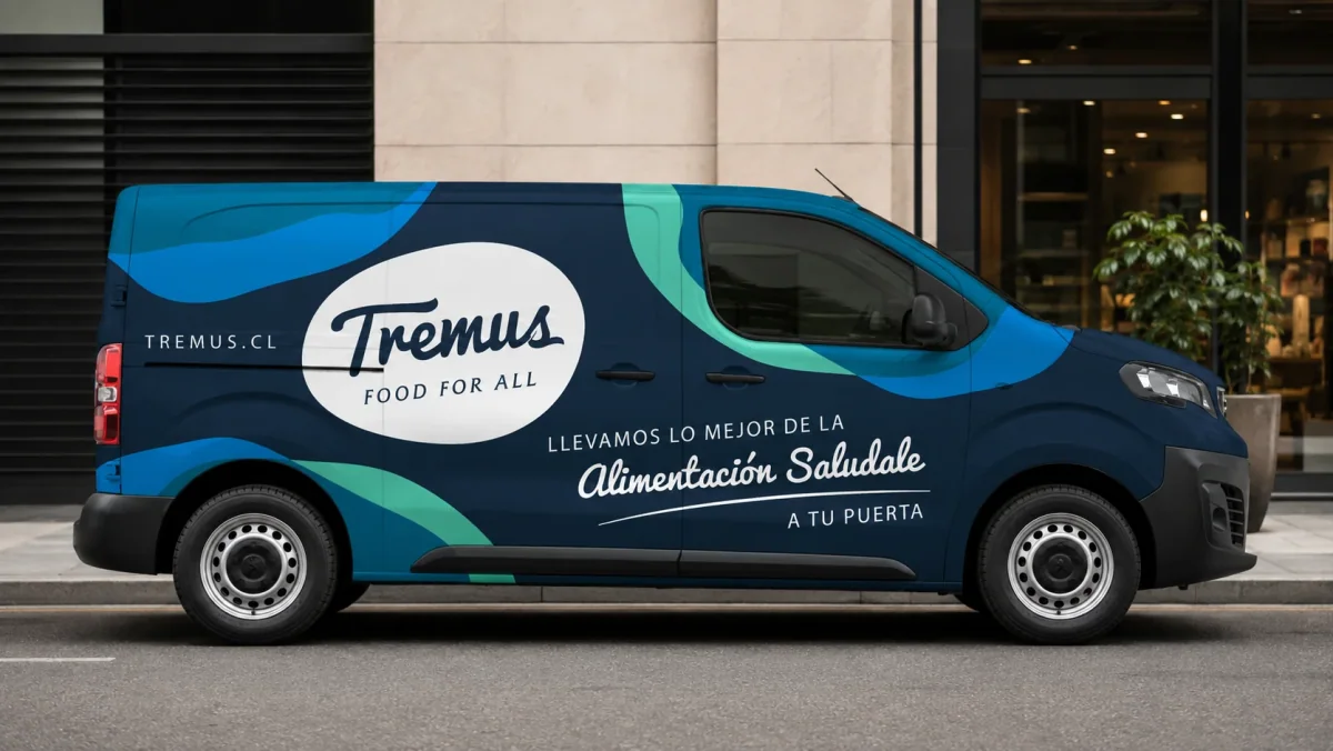 Furgón de reparto Tremus Food for All con el isologo en vinilo blanco sobre un costado azul oscuro con formas orgánicas verdes y celestes.